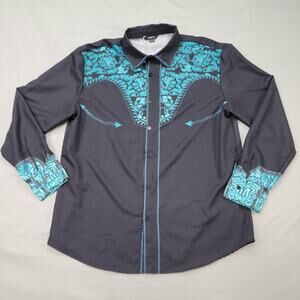 Ouku Mens Western Style Button Up Shirt Large Turquoise Floral Embroidered